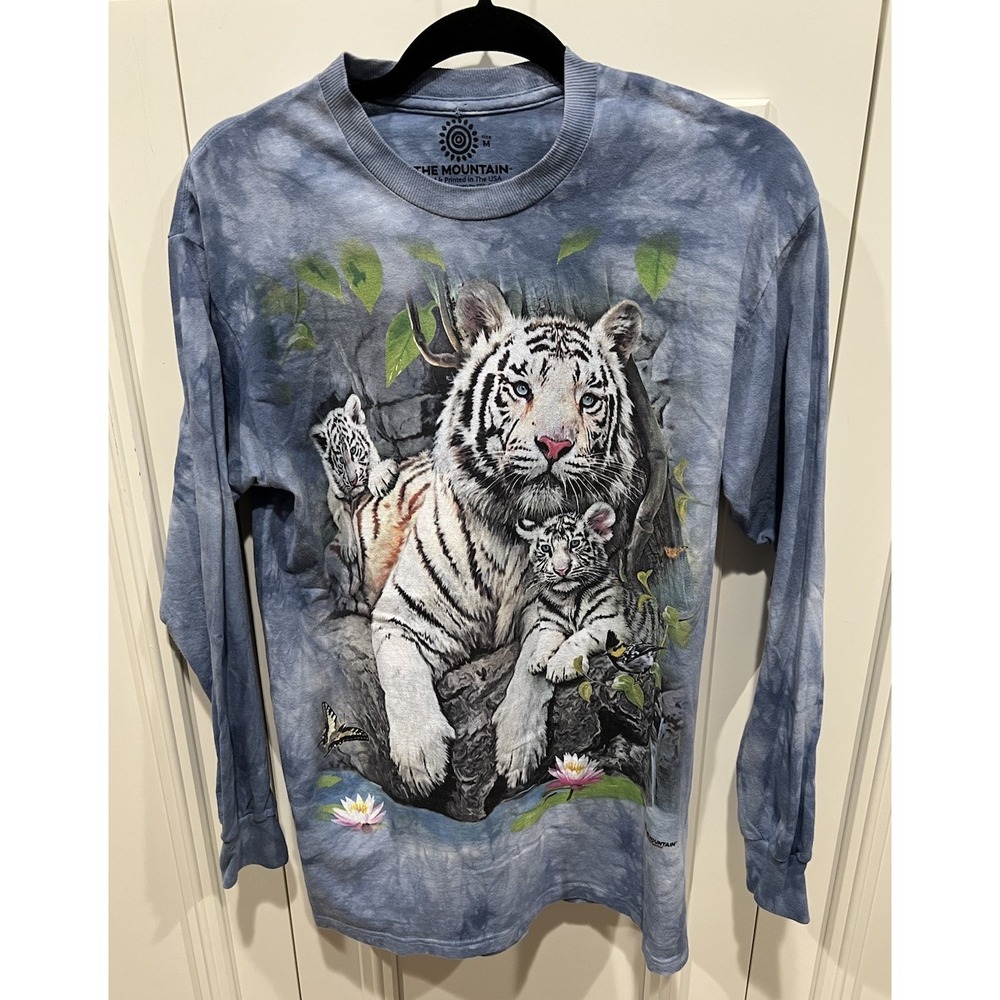 The Mountain White Tiger Graphic Print T Shirt Size‎ Medium Blue Tie Dye Cotton